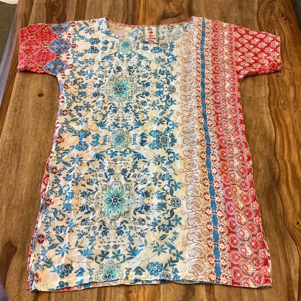 Johnny Was Bayla Tunic XS Blue Red Floral Paisley Cupra Rayon Boho Short Sleeve - Picture 8 of 9